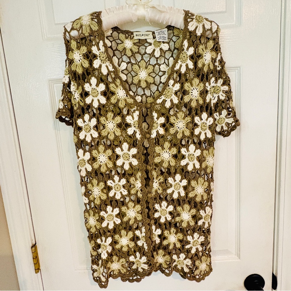 White Stag Floral Crochet Button Down Top in Olive Green and Cream